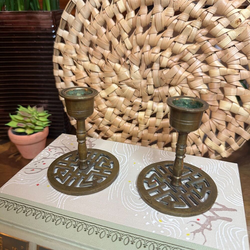 Vintage Pair Chinese Brass Candle Holders, Shou Symbol, Mid Century Decor